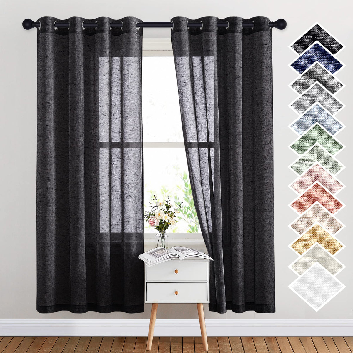 NICETOWN White Sheer Linen Curtains 84 Inch Length 2 Panels Set, W52xL84