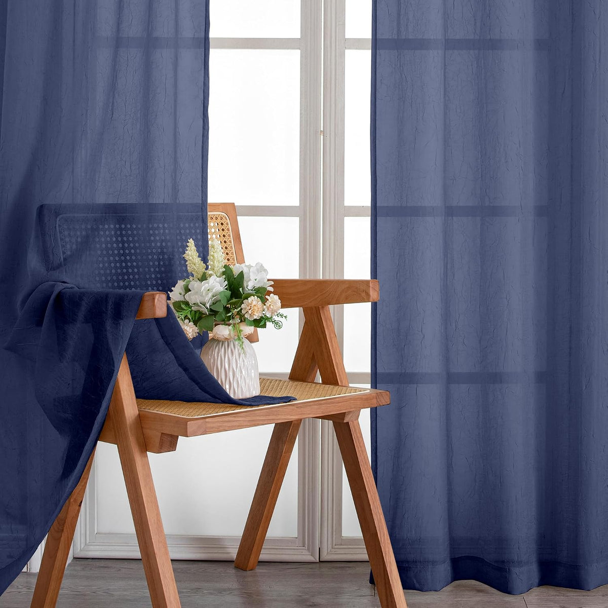 Chyhomenyc Crushed Sheer Navy Blue Curtains 84 Inch Length 2 Panels, Light Filtering Solid Crinkle Voile Lightweight Rod Pocket Sheer Curtian for Bedroom Living Room, Each 42Wx84L Inches