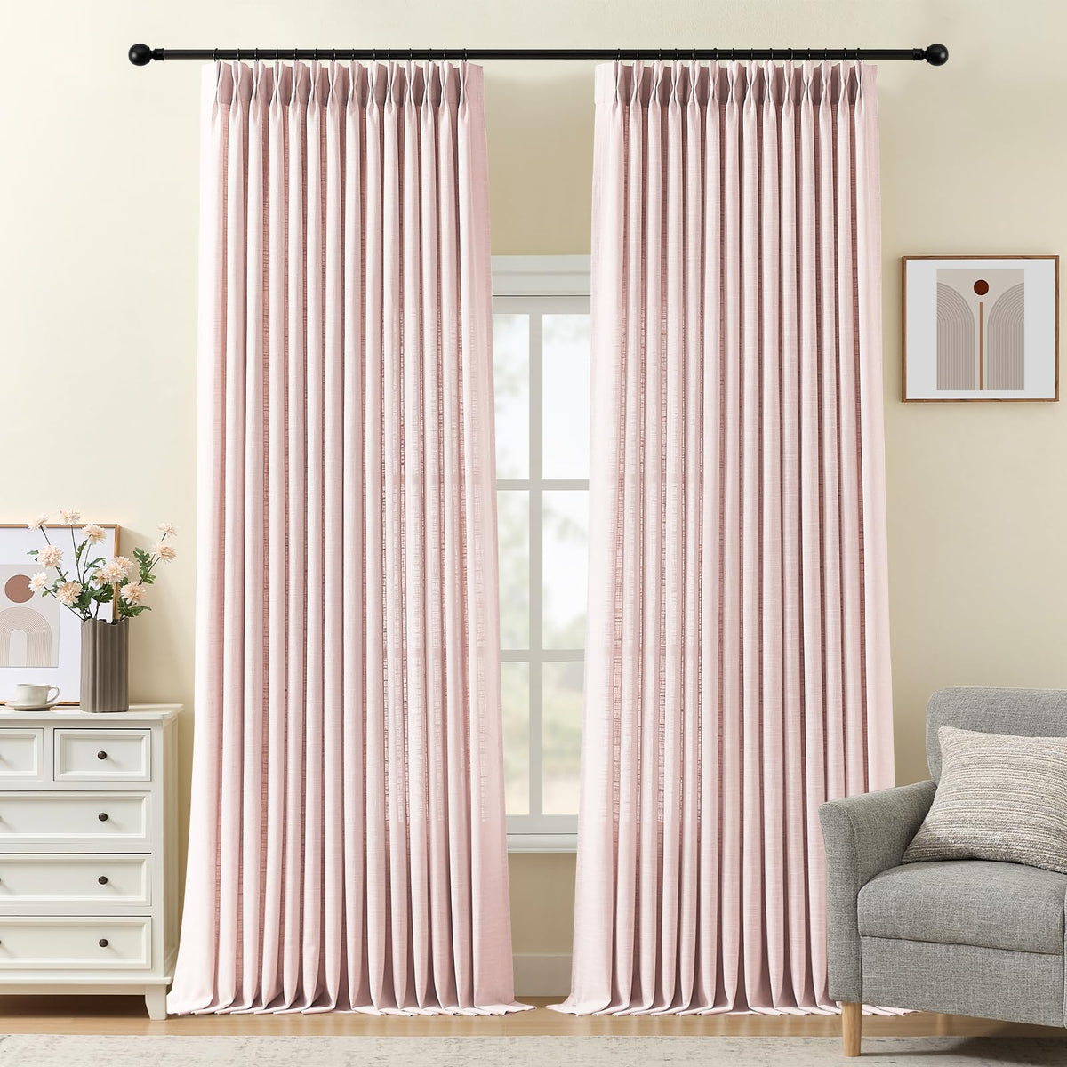 Pinch Pleated Linen Curtains 96 Inches Semi Sheer Light Filtering, 2 Panels