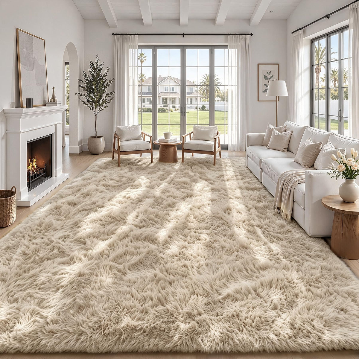 TENGTENGLINK 8x10 Fluffy Shag Area Rug Living Room Bedroom Washable Black