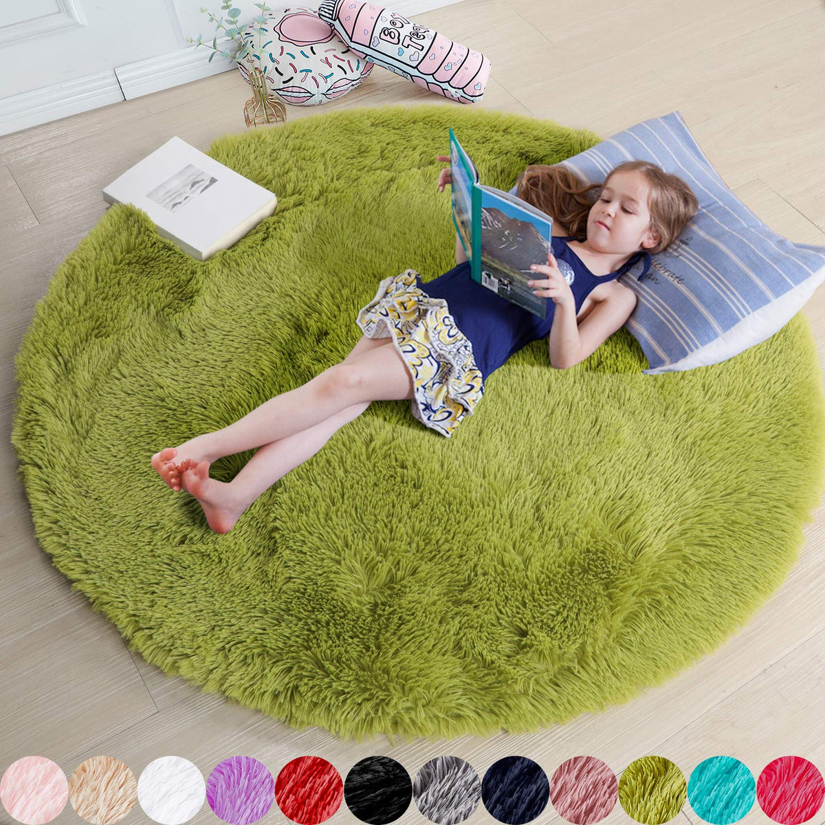 Amdrebio Pink Circle Round Fluffy Area Rug 4Ft for Girls Bedroom Kids Room