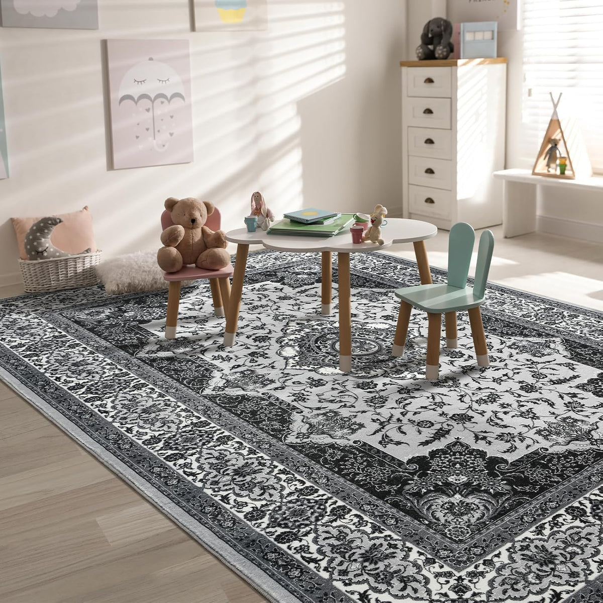 Hanples 5x7 Area Rugs for Living Room, Washable Rug Vintage Floral, Beige