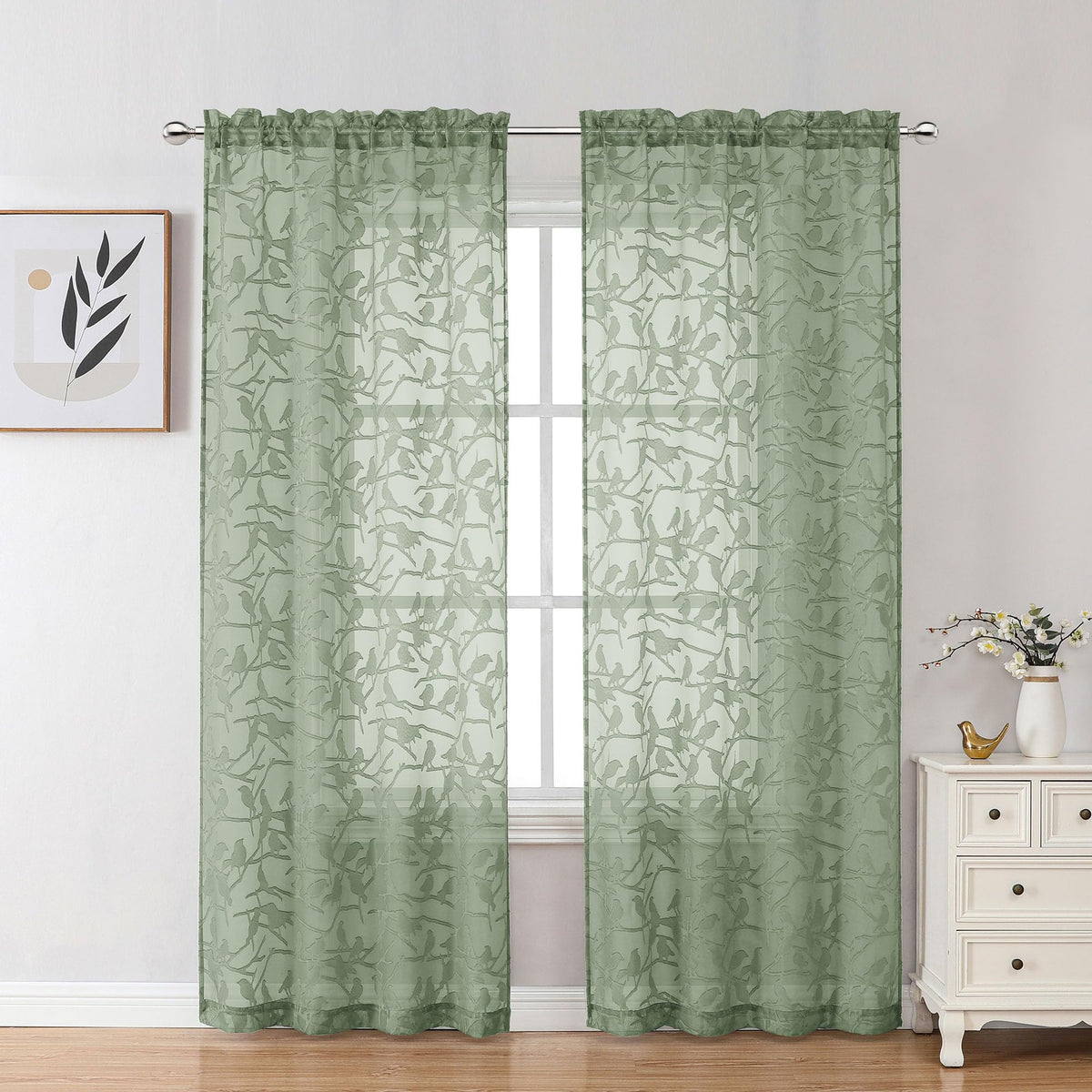 OVZME Sage Green Sheer Curtains 63 Inch Length 2 Panel Set, Light Filtering Bedroom Curtains with Dual Rod Pocket Top, Leaf Bird Clip Jacquard Sheer Farmhouse Window Drapes for Living Room, 2x38Wx63L