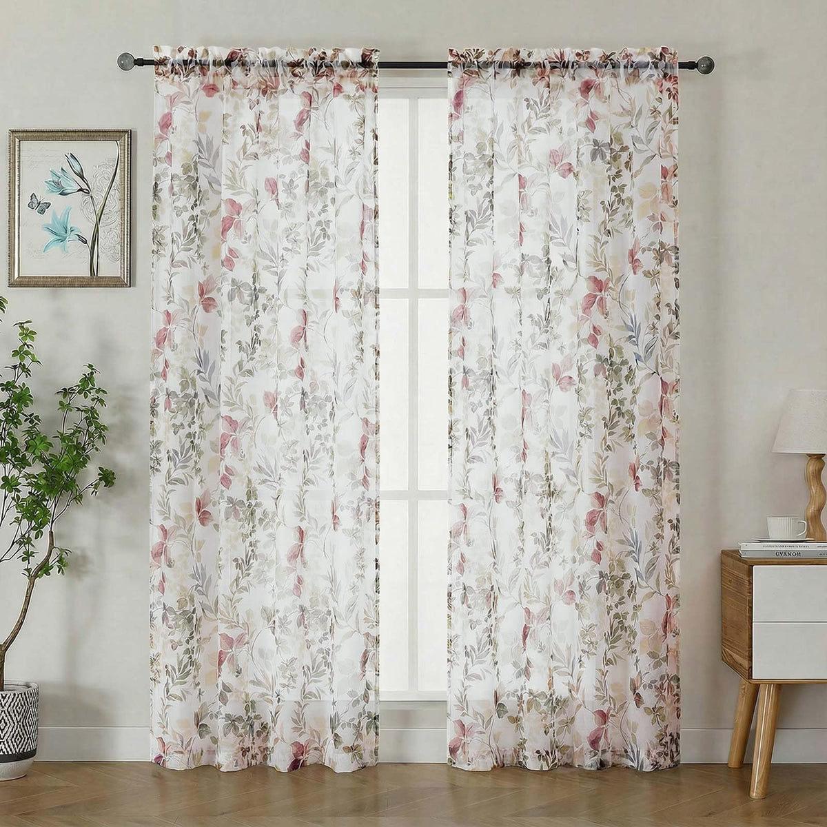 OWENIE Crushed Sheer Curtains 63 Inch Length 2 Panels Set, Sheer Floral Curtians with Printed Leaves Design, Printing Drapes for Living Room, Rod Pocket Light Filtering Window Sheers 42" W x 63" L