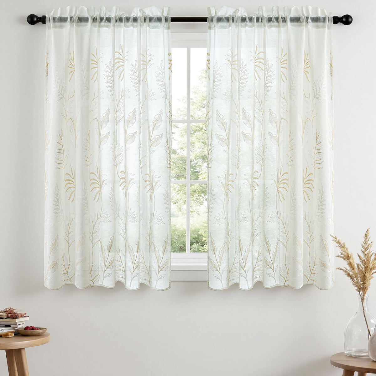 VISIONTEX Sheer Curtains Boho Leaf Floral Embroidered Cream Beige 54Wx84L