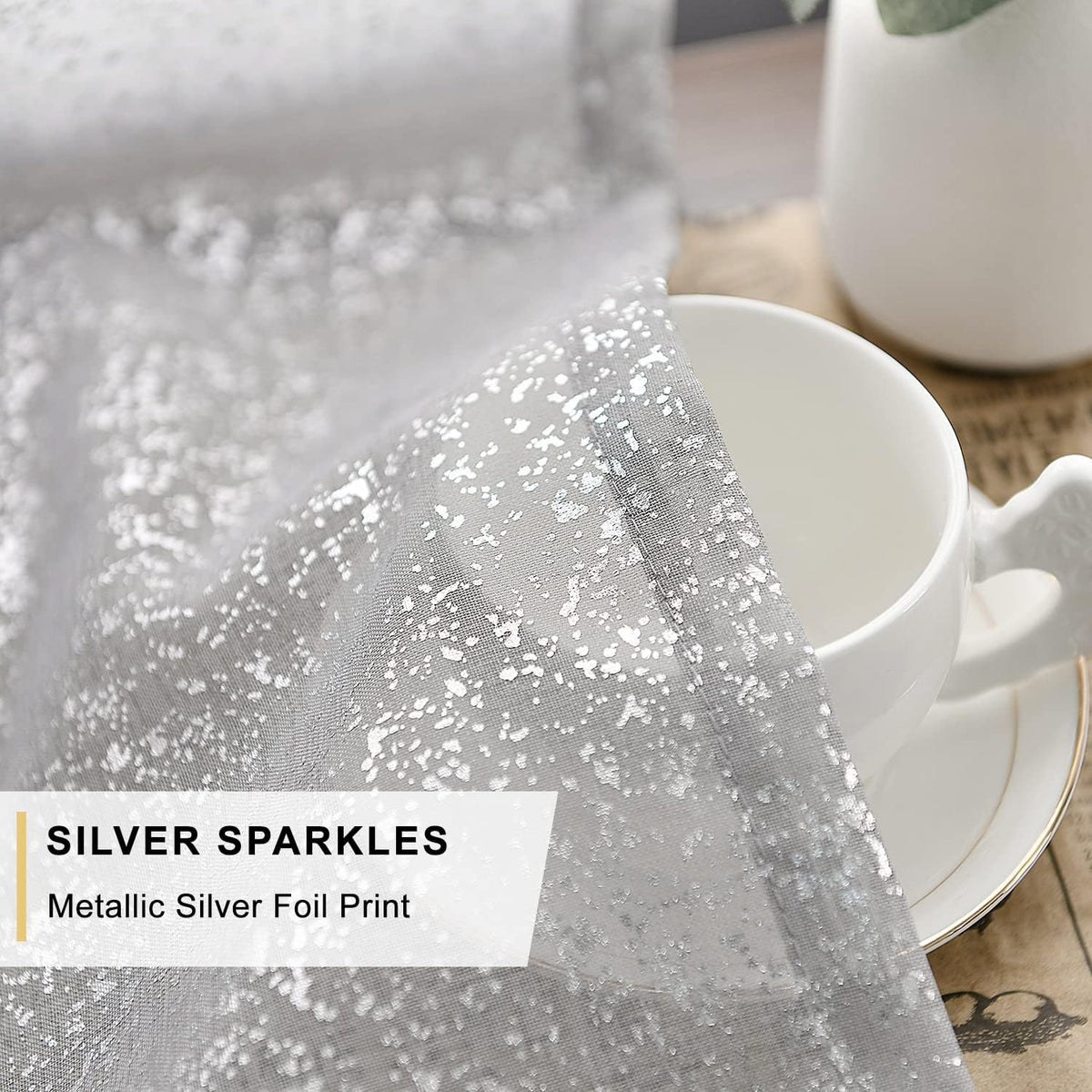Silver Grey Sheer Curtains with Foil Dots, Grommet, 2 Panels 52 x 84 Inch