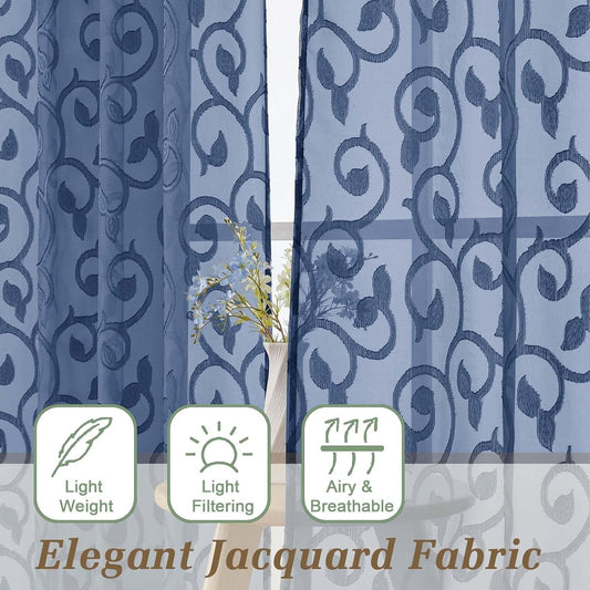 Dusty Blue Sheer Curtains for Bedroom Living Room 72 Inches Long 2 Panels Set, Soft Airy Geometric Jacquard Clip Curtains Drapes, Modern Rod Pocket Door Curtain, 2Pcs Each 42" Wx72 L Inch