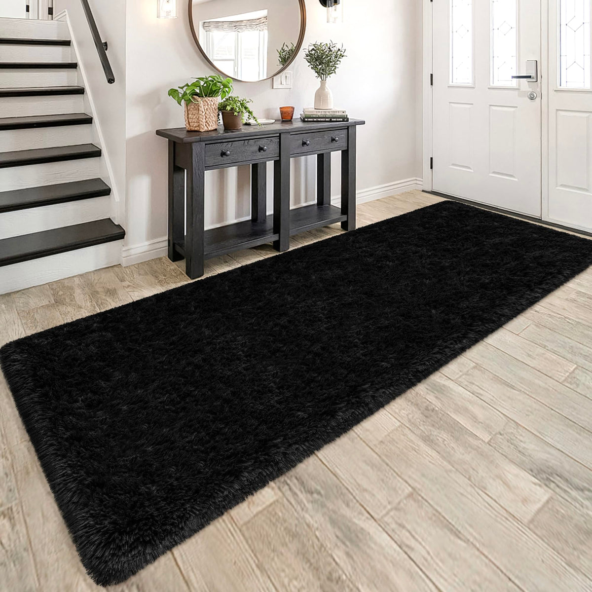Tie-Dyed Runner Rug for Bedroom Black Grey 2x6ft Fluffy Area Rug Bedside Runner Rug for Kids Room Boys Teens Nursery Baby Living Room Dorm Home Decor Carpets