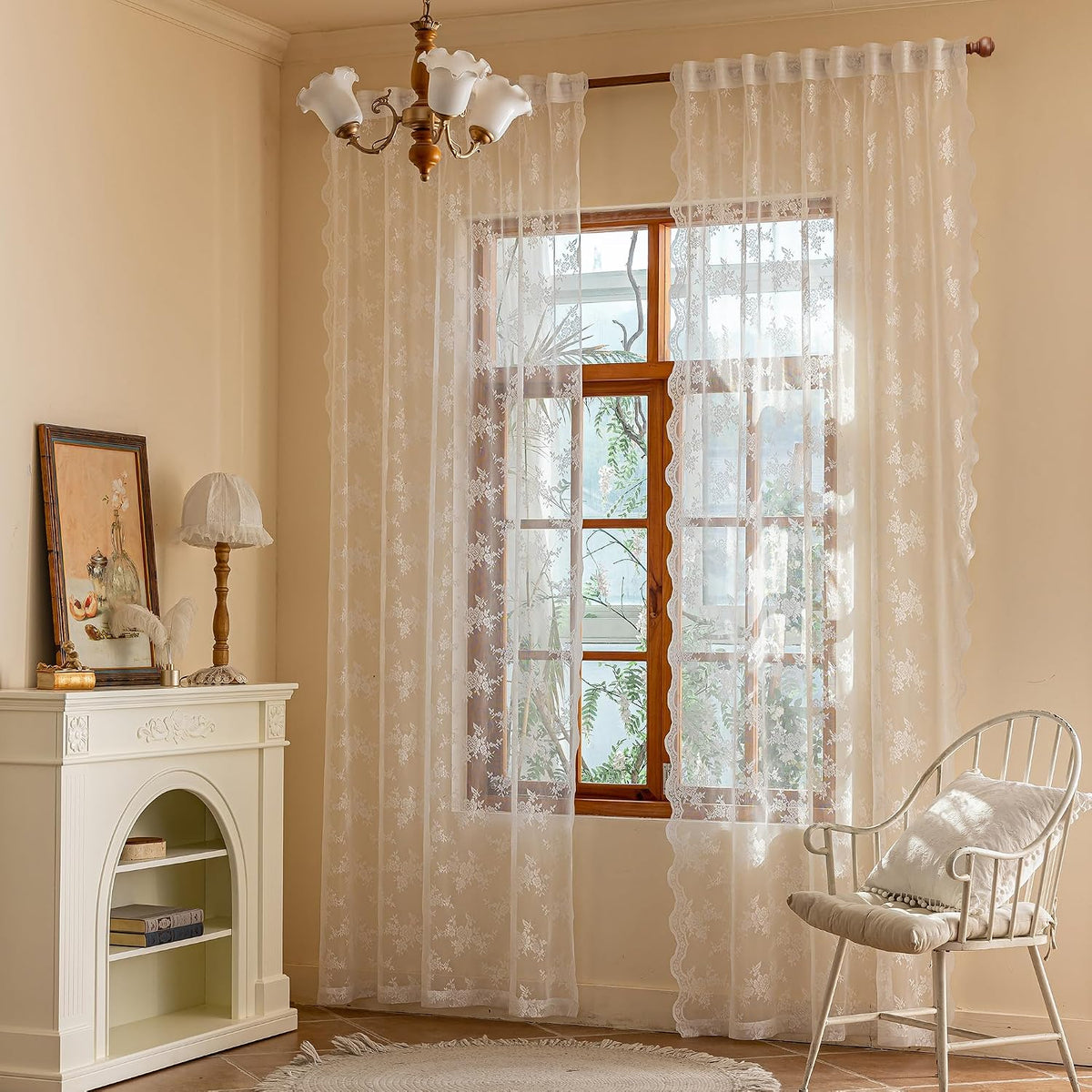 MEETSKY White Lace Curtains 84 Inches Long Floral Victorian Sheer Curtains
