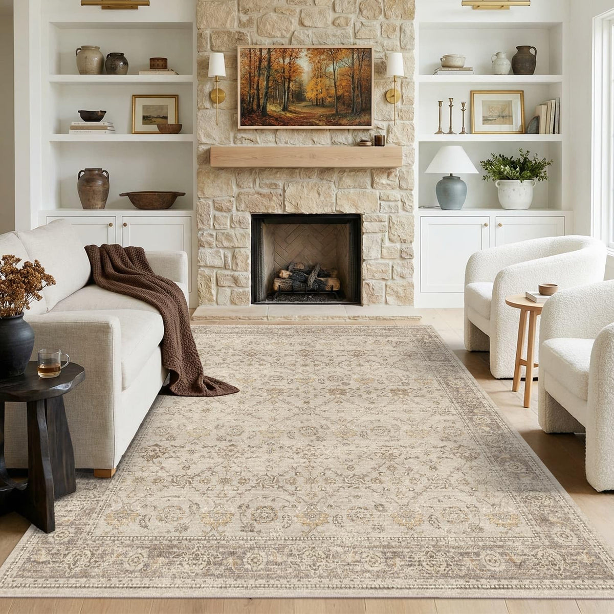 8x10 Washable Boho Area Rug, Dark Beige Farmhouse for Living Room
