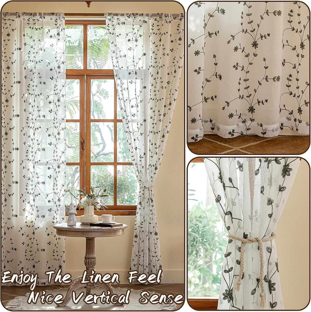 AmHoo 2 Panels Leaf Flora Embroidered Farmhouse Semi Sheer Curtain Voile Curtains for Living Room Bedroom Window Treatment White Sage Green 53 x 84 Inch