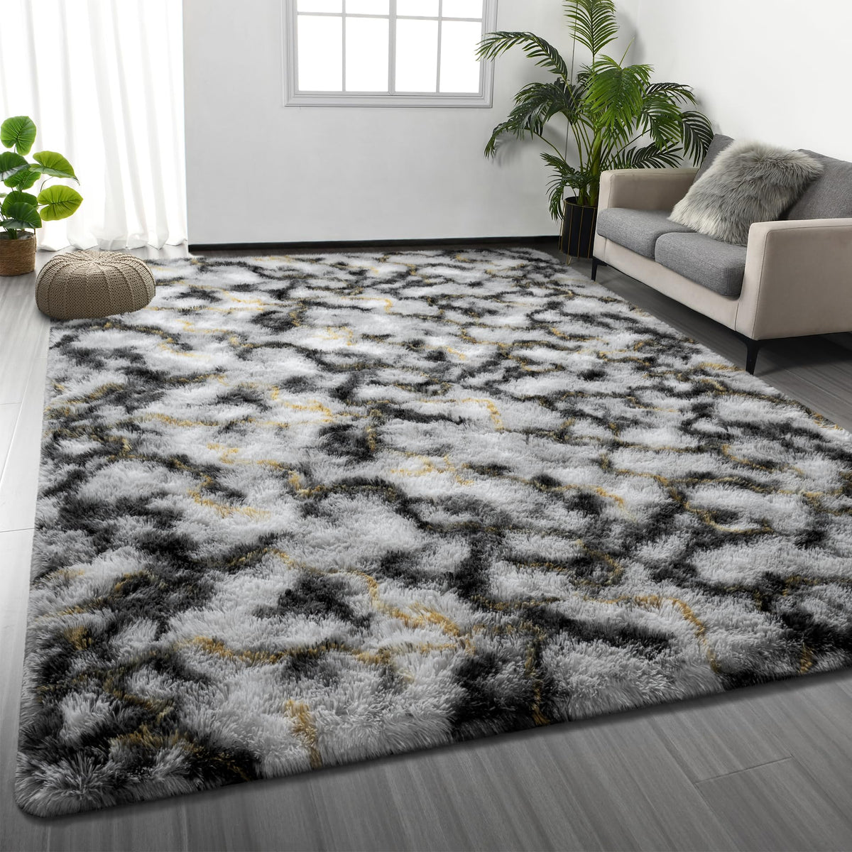 Deerhoo Large Shag Area Rugs 5 x 8, Tie-Dyed Plush Fuzzy Rugs, Light Grey