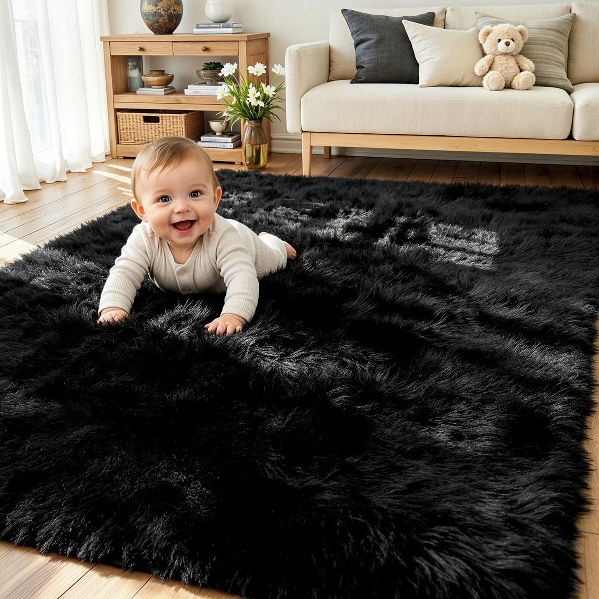 8x10 Black Area Rug for Living Room Bedroom, Soft Fluffy Fuzzy Fur Shag Rug