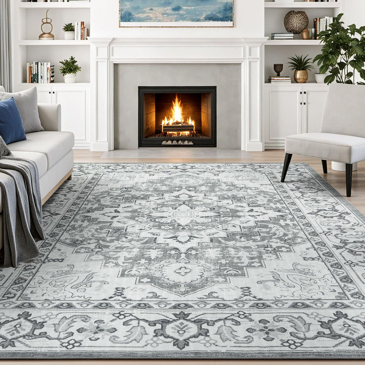 Lessymo 8 x 10 Area Rugs for Living Room, Machine Washable Rug Grey White