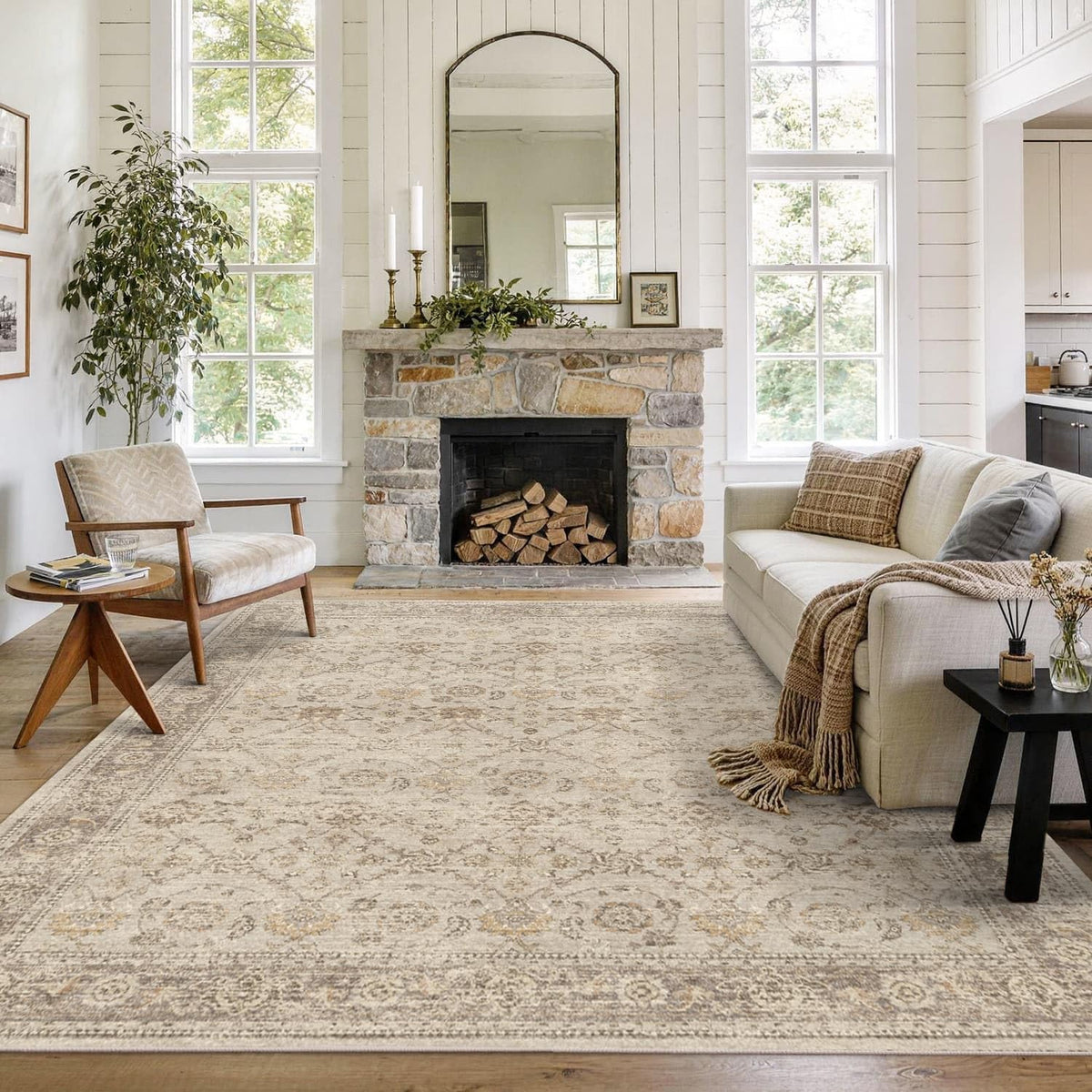 8x10 Washable Boho Area Rug, Dark Beige Farmhouse for Living Room