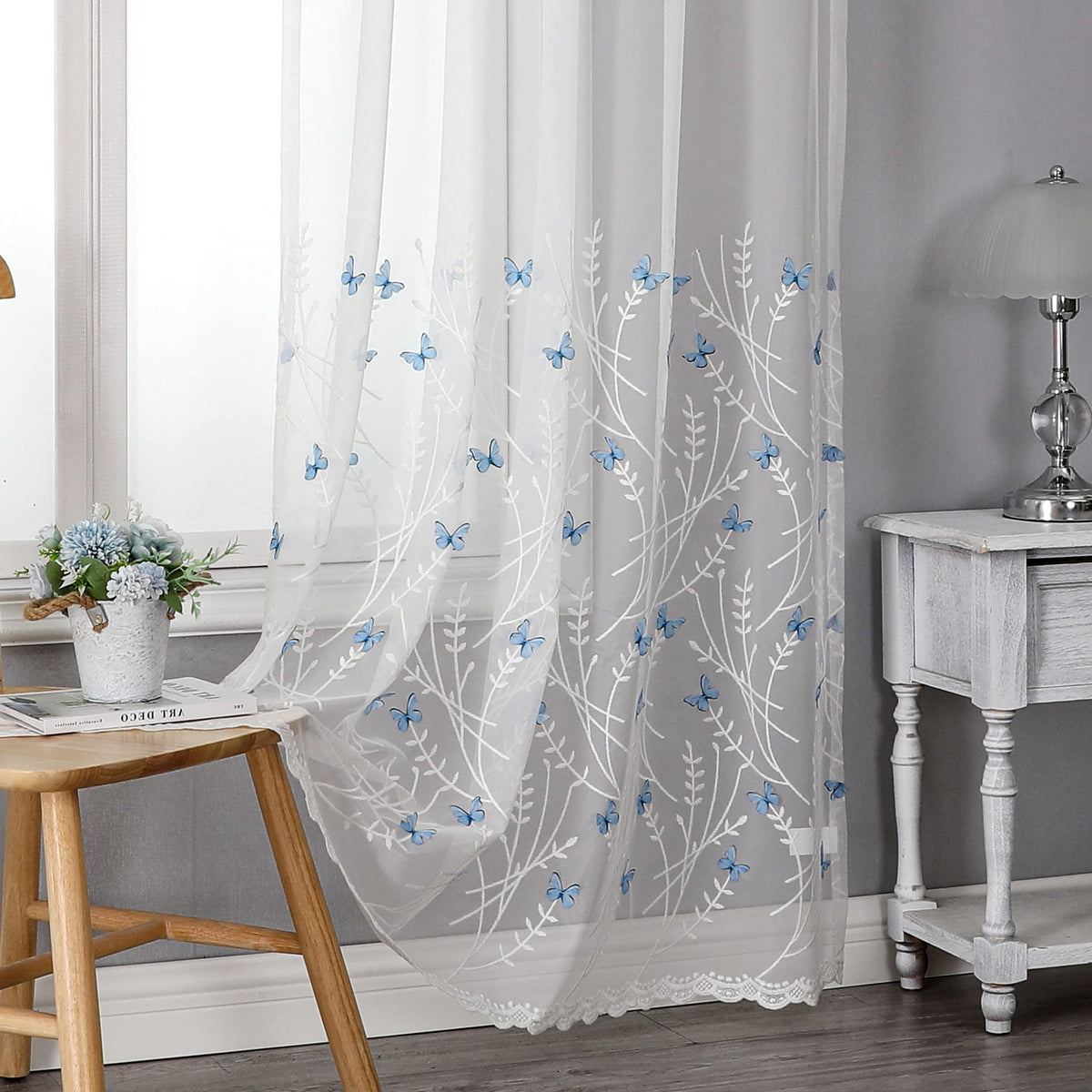 VISIONTEX Sheer Curtains Boho Leaf Floral Embroidered Cream Beige 54Wx84L