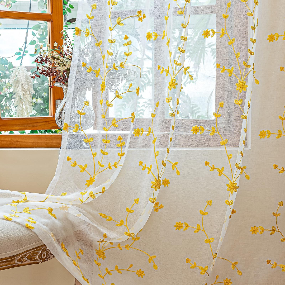 AmHoo 2 Panels Leaf Flora Embroidered Farmhouse Semi Sheer Curtain Voile Curtains for Living Room Bedroom Window Treatment White Sage Green 53 x 84 Inch