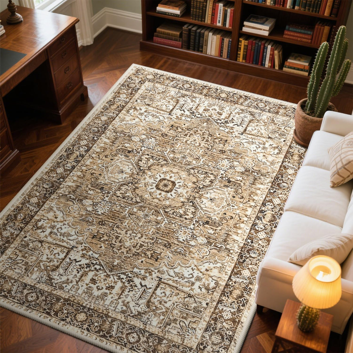 Hanples 5x7 Area Rugs for Living Room, Washable Rug Vintage Floral, Beige