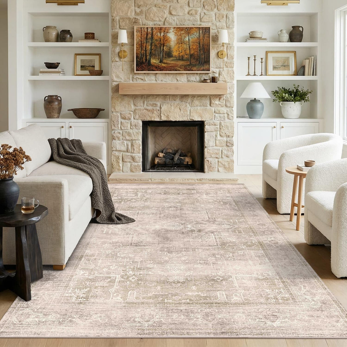8x10 Washable Boho Area Rug, Dark Beige Farmhouse for Living Room