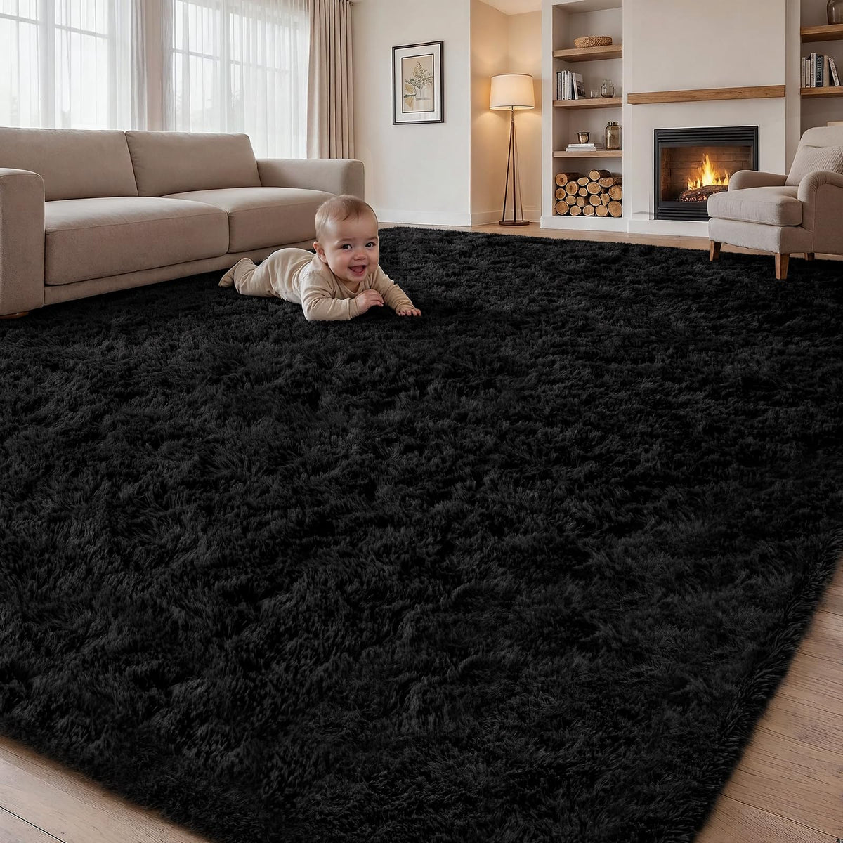 5x7 Area Rug Living Room: Bedroom Fluffy Shag Fuzzy Carpet Black