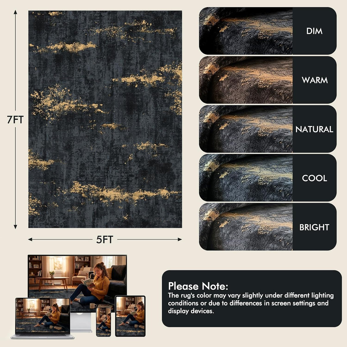 Fixwal Washable 5x7 Area Rug for Living Room, Non-Slip, Black/Gold