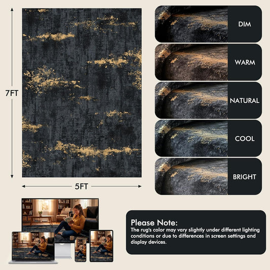 Fixwal Washable 5x7 Area Rug for Living Room, Non-Slip, Black/Gold