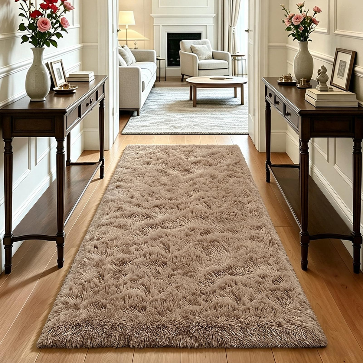 Beige 8x10 Area Rugs for Living Room, Fluffy Shag Rug Large Bedroom Carpet