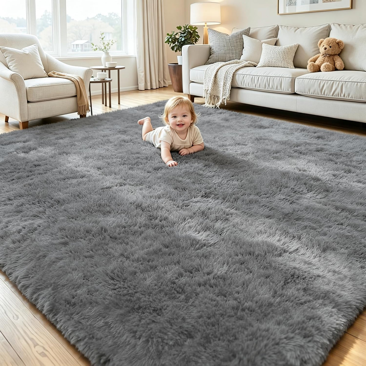 8x10 Black Area Rug for Living Room Bedroom, Soft Fluffy Fuzzy Fur Shag Rug