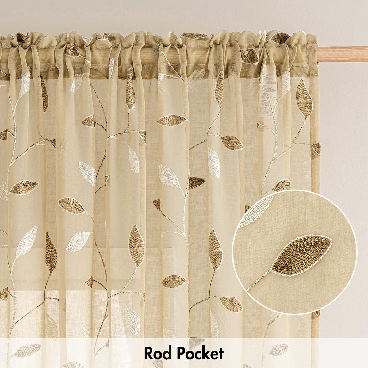 MIULEE Beige Sheer Curtains 2 Panels Embroidered Leaf Patterned, W52 x L84