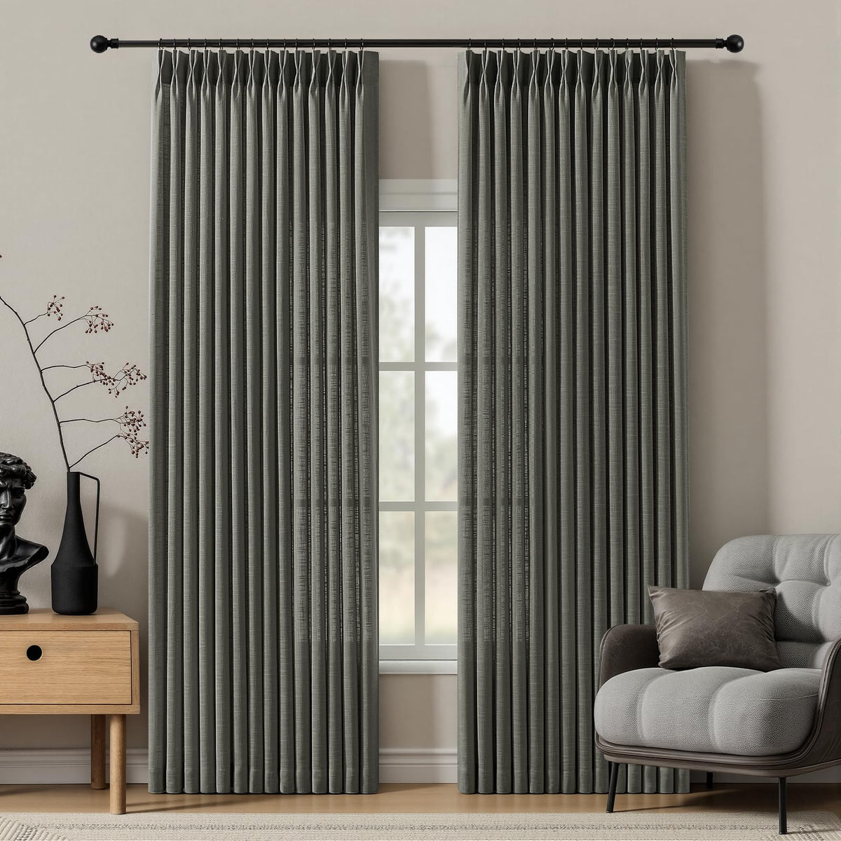 Pinch Pleated Linen Curtains 96 Inches Semi Sheer Light Filtering, 2 Panels