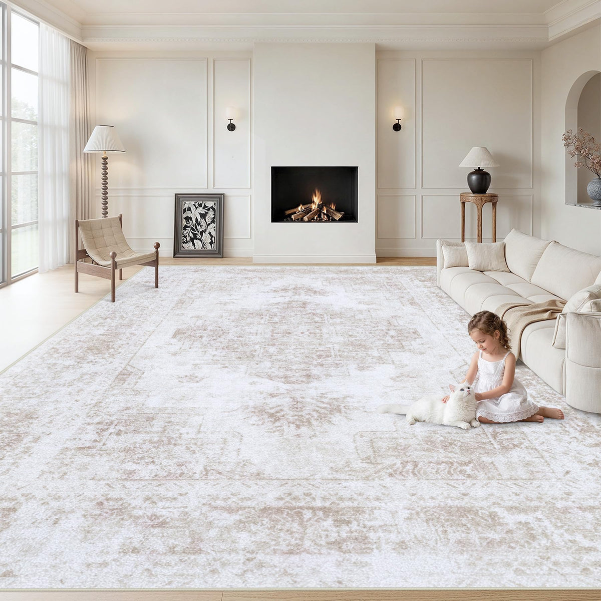 XLUEZ Area Rug 8x10 Living Room Rug, Machine Washable Vintage Distressed Medallion Rug Non-Slip Soft Low Pile Large Indoor Rugs for Bedroom Dining Room Office Children's Room (Beige,8'x10')