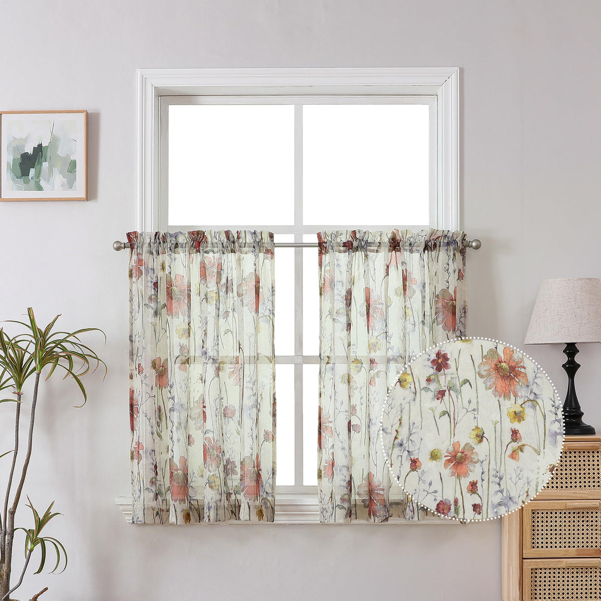 OWENIE Crushed Semi Sheer Curtains 72 Inches Length 2 Panels, Floral Pattern Design Rod Pocket Light Filtering Farmhouse Curtains for Bedroom Living Room, 2 Pieces Total 84 Inch Wide, 72 inch Long