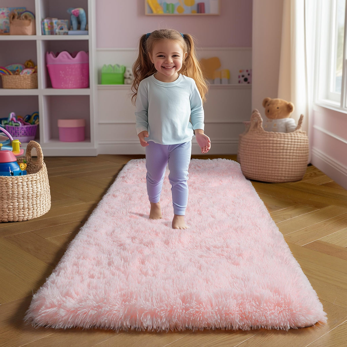 Amdrebio Light Pink Fluffy Fuzzy Area Rug 4x6 for Girls Bedroom Kids Room