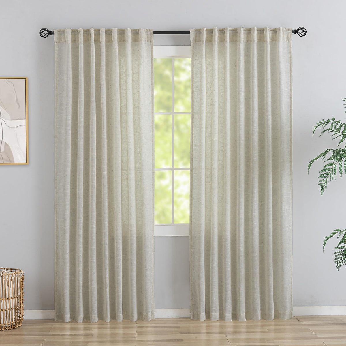 Natural Linen 144 Inch Length Curtains for Tall Floor Ceiling Villa Living Room -Cream Ivory Bak Tab Hooks Pleated Easy Open Sliding Semi Sheer 144 inch Extra Long 2 Story Window Curtains,12 Foot