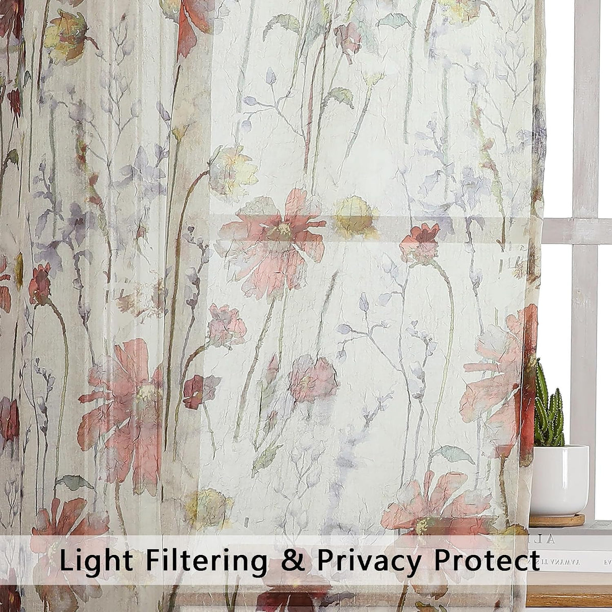 OWENIE Crushed Semi Sheer Curtains 72 Inches Length 2 Panels, Floral Pattern Design Rod Pocket Light Filtering Farmhouse Curtains for Bedroom Living Room, 2 Pieces Total 84 Inch Wide, 72 inch Long