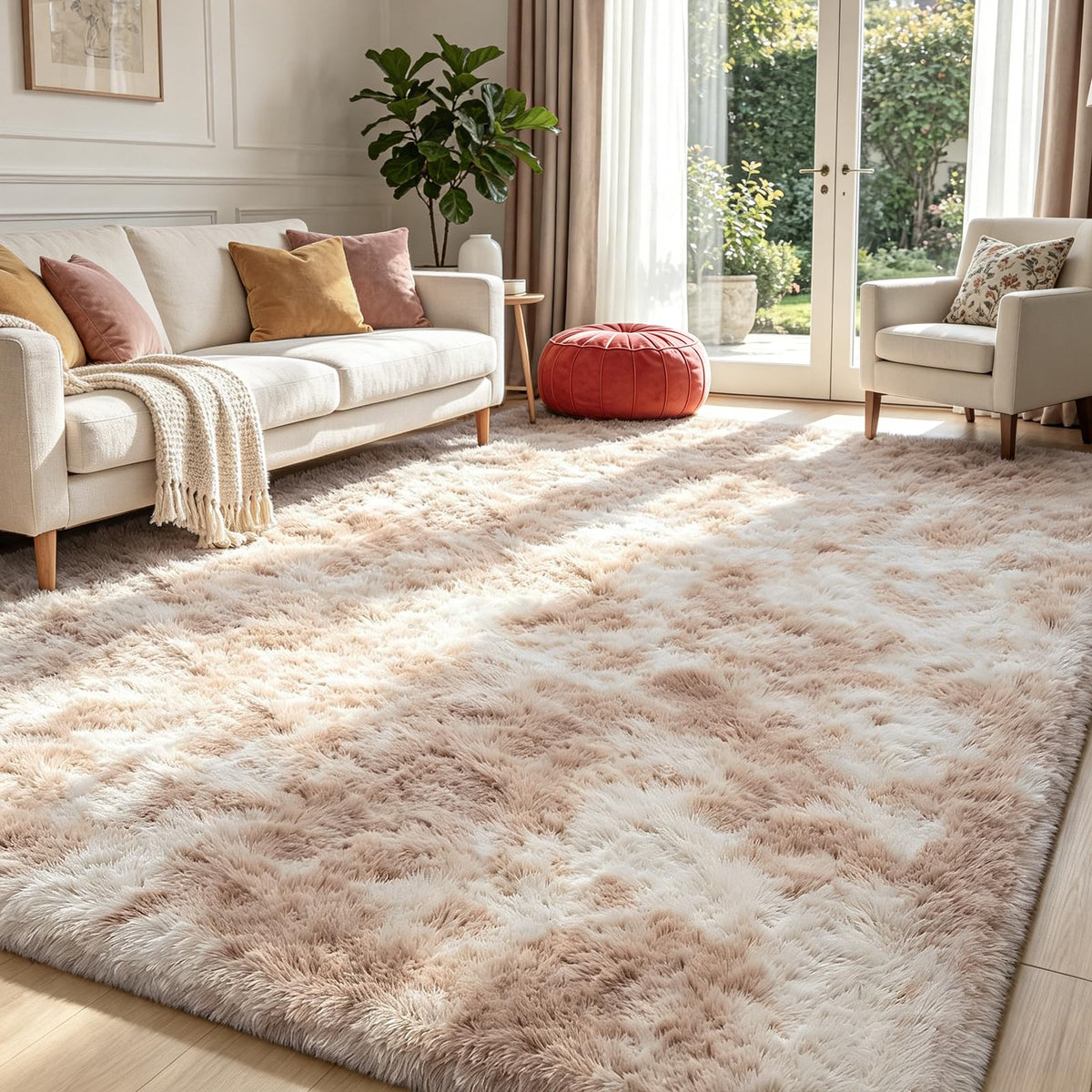 Beige 8x10 Area Rugs for Living Room, Fluffy Shag Rug Large Bedroom Carpet