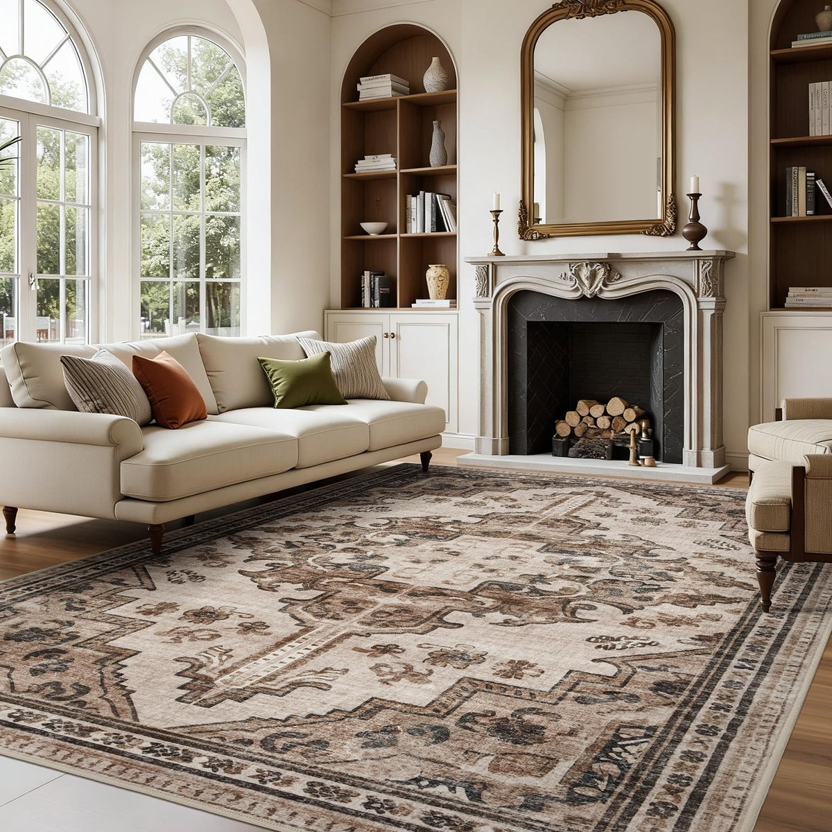 Joydeco Boho Washable Abstract Beige 5x7 Area Rugs for Living Room Bedroom