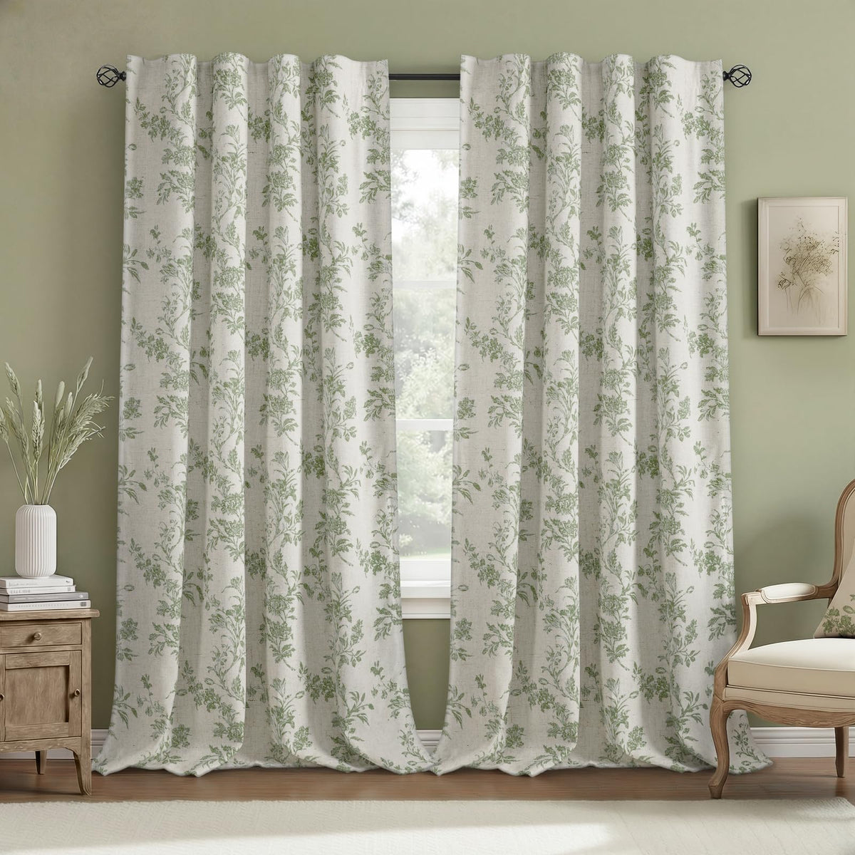 Boho Floral Light Filtering Curtains 84 Inch 2 Panels Linen Texture