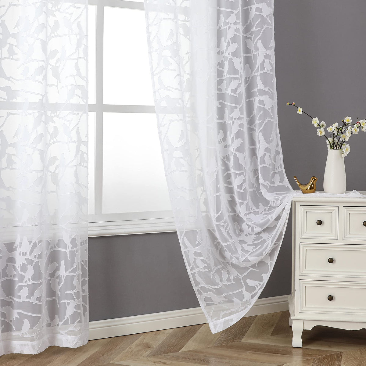 OVZME Sage Green Sheer Curtains 63 Inch Length 2 Panel Set, Light Filtering Bedroom Curtains with Dual Rod Pocket Top, Leaf Bird Clip Jacquard Sheer Farmhouse Window Drapes for Living Room, 2x38Wx63L