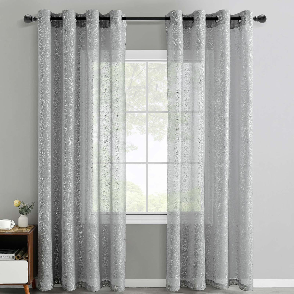 Silver Grey Sheer Curtains with Foil Dots, Grommet, 2 Panels 52 x 84 Inch