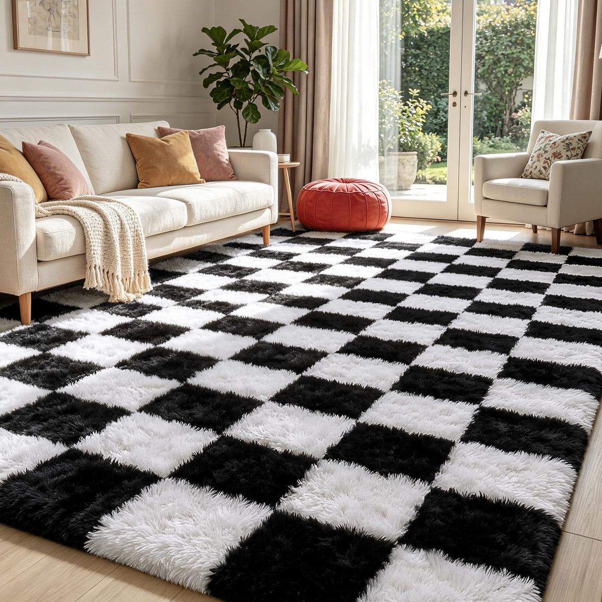 Beige 8x10 Area Rugs for Living Room, Fluffy Shag Rug Large Bedroom Carpet