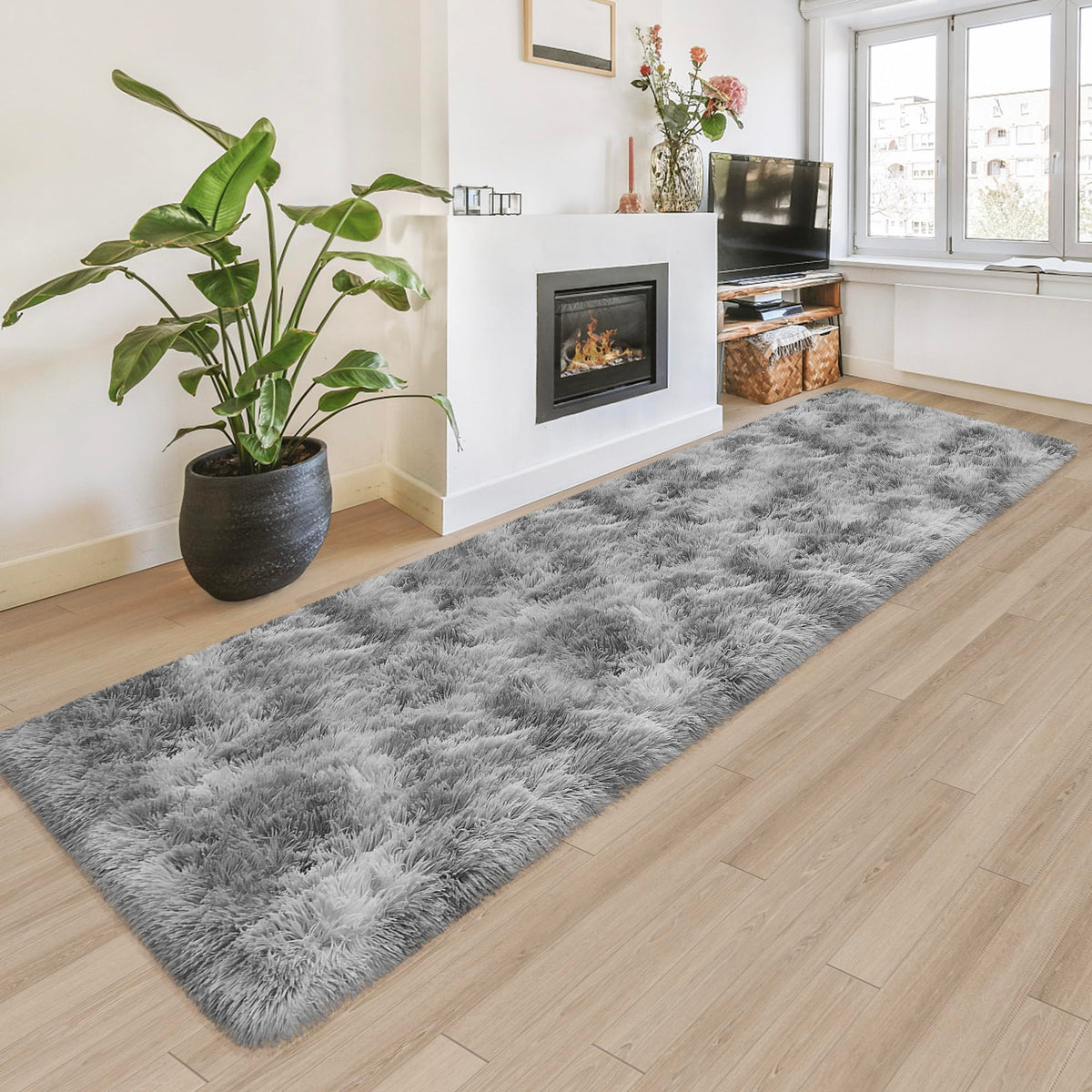 Tie-Dyed Runner Rug for Bedroom Black Grey 2x6ft Fluffy Area Rug Bedside Runner Rug for Kids Room Boys Teens Nursery Baby Living Room Dorm Home Decor Carpets