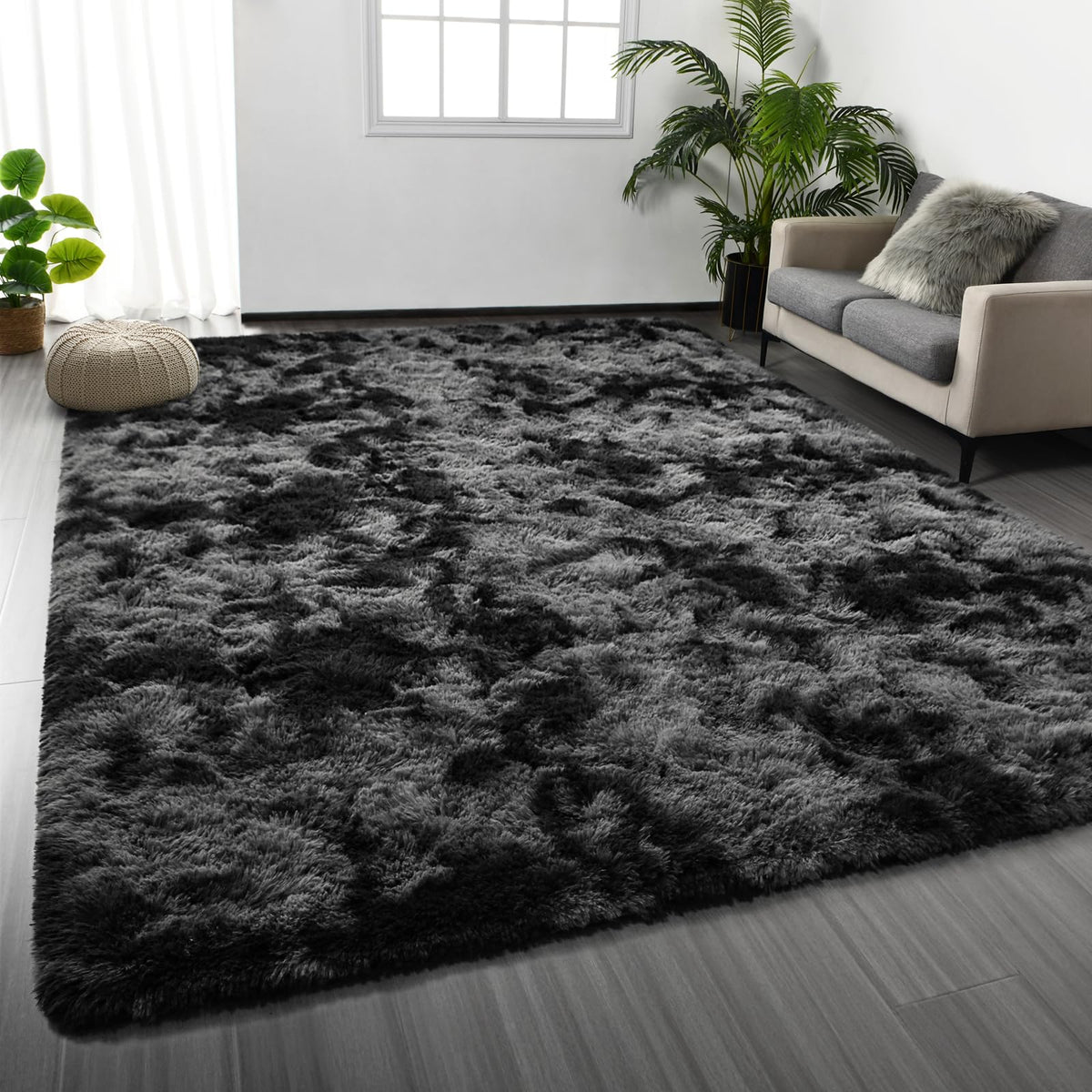 Deerhoo Large Shag Area Rugs 5 x 8, Tie-Dyed Plush Fuzzy Rugs, Light Grey