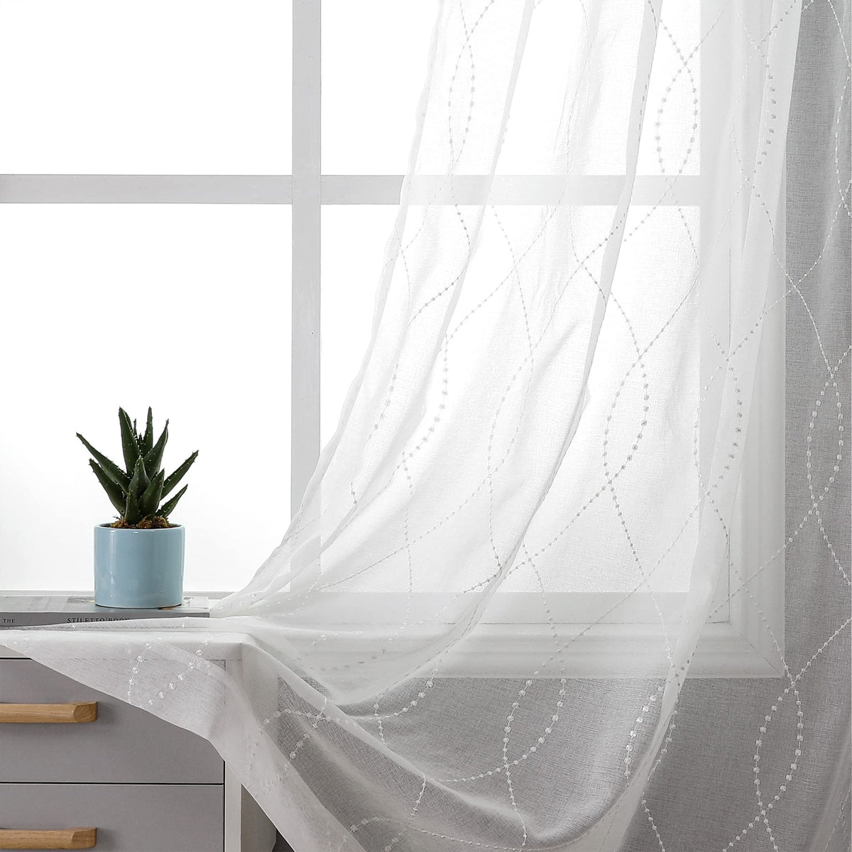 VISIONTEX White Sheer Curtains Grey Moroccan Embroidered 63 Inch Length