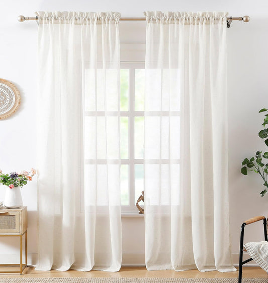 Flax Sheer Linen Curtains for Living Room 52"x84" 2pk Beige Natural White
