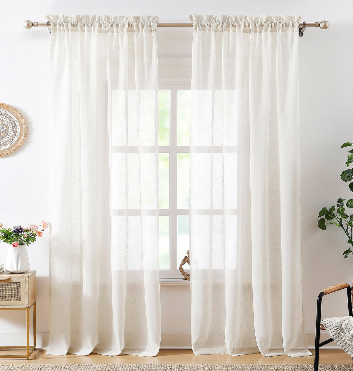 Flax Sheer Linen Curtains for Living Room 52"x84" 2pk Beige Natural White
