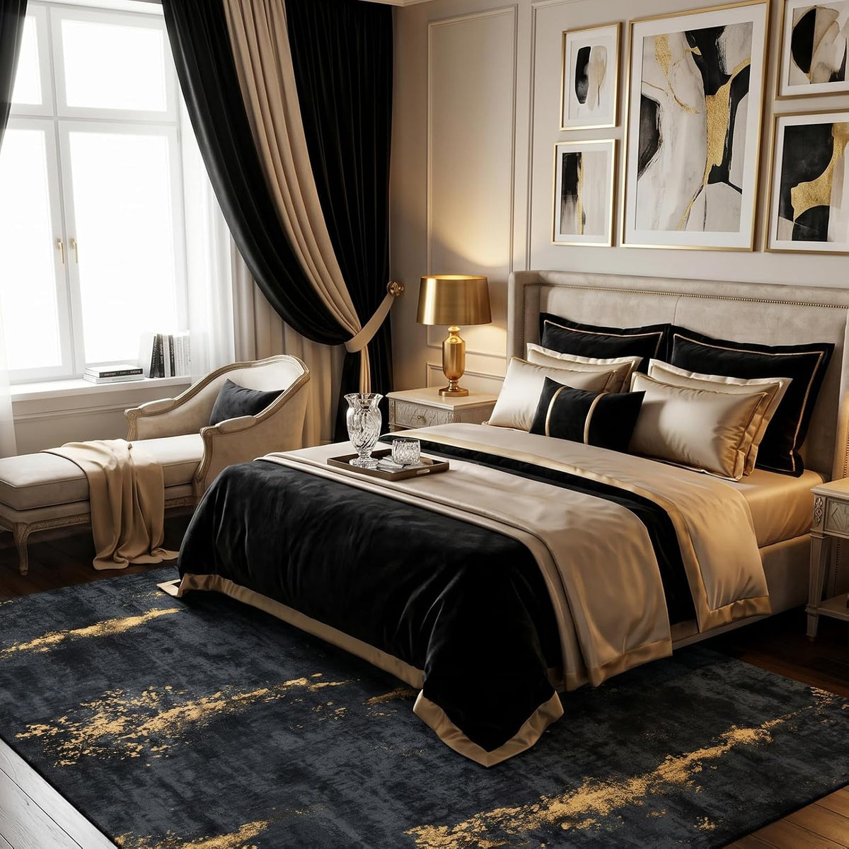 Fixwal Washable 5x7 Area Rug for Living Room, Non-Slip, Black/Gold