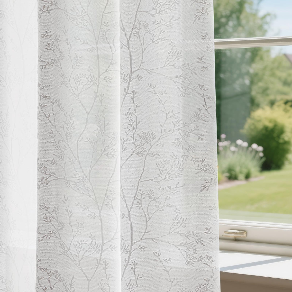 Anmao White Semi Sheer Light Filtering Curtains 84 Inches Long 2 Panels, Leaf Pattern Drapes for Living Room Bedroom, Rod Pocket Sheer Window Treatments with Floral Design, 52x84 Inch