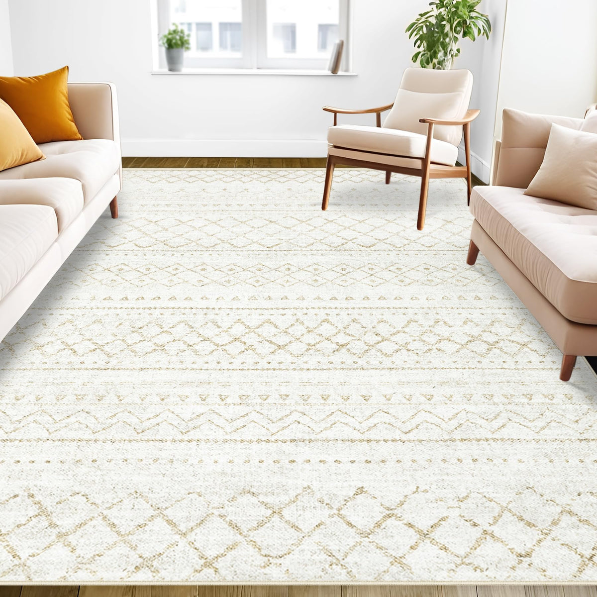 Area Rug 4x6 Geometric Rug: Washable Boho Moroccan Rugs Soft Farmhouse Rug, Modern Neutral Stain Resistant Indoor Floor Carpet for Livingroom Bedroom Dining Table Nursery(Modern Beige,4'x6')
