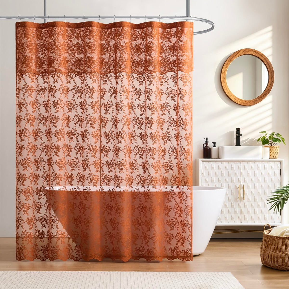 Ivory Lace Shower Curtain 72x72, Vintage Shabby Chic with Attached Valance